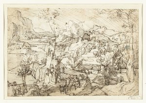 岩、人物、帆船のある風景 作： Jan van Scorel (attributed to)