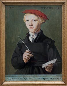 学校に通う少年の肖像。ヤン・ファン・スコール（1495-1562）による絵画、木に油彩