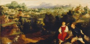 風景の中の天使とトビアス。 1521 作： Jan van Scorel