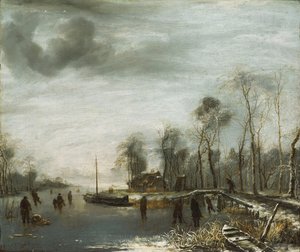 凍った水路にスケーターとコルフプレーヤーがいる冬の風景、1653年 作： Jan van de Capelle or Cappelle