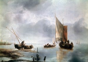 軽快な空気の中の小さな船と、陸に上がった別の船、1650-1660年頃、ヤン・ファン・デ・カペル（1624-1679年頃）作、油彩・キャンバス、34、8x48 作： Jan van de Capelle or Cappelle