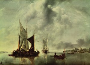 穏やかな、または、1651年以降の海岸近くのボート（キャンバスに油彩）