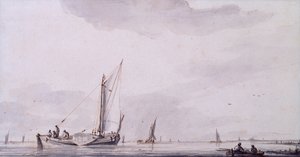 穏やかな河口の漁師と帆船 (ペン、インク、ウォッシュ) 作： Jan van de Capelle or Cappelle