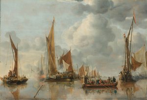 州のはしけに敬礼する本国艦隊 作： Jan van de Cappelle