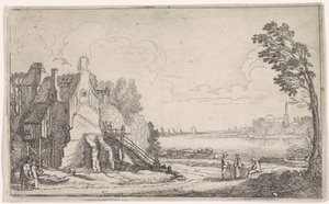 川沿いの老朽化した家屋の人物像 川の風景（連載タイトル） 作： Jan van de Velde (II)