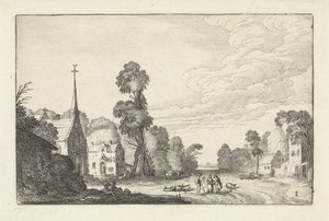 教会のある村の人形と牛 風景（シリーズタイトル） Amenissimae aliquot requculae (シリーズタイトル) 作： Jan van de Velde (II)