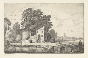 川の風景の中の石橋の家 風景（シリーズタイトル） Amenissimae aliquot requculae (シリーズタイトル) 作： Jan van de Velde (II)