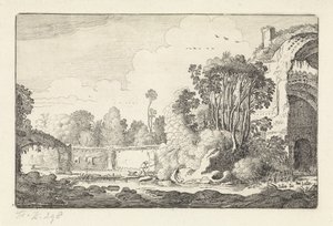 廃墟で犬を連れた男 風景（シリーズタイトル） Amenissimae aliquot requculae (シリーズタイトル) 作： Jan van de Velde (II)
