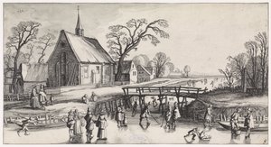 村の近くのスケーターと冬の風景 Playsanteの風景と面白い顔（シリーズタイトル） 作： Jan van de Velde (II)