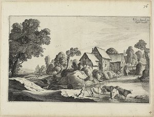 水車小屋近くの牧草地にいる牛の群れ 作： Jan van de Velde II