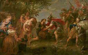 ヤコブは弟のエサウと出会う（キャンバスに油彩） 作： Jan van den Hoecke