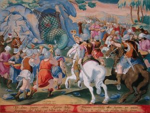 エジプトの大蛇を網で捕らえる、ヤン・コラート（1566-1628）が彫った「Venationes Ferarum, Avium, Piscium」（野生の獣、鳥、魚の狩猟について）の第45版、アムステルダムのフィリップス・ガレウスから出版された手彩色のエングレーヴィング。 作： Jan van der Straet