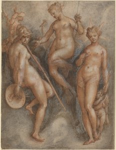 3人の女神：ミネルバ、ジュノ、ヴィーナス、1587年頃（ペンと茶色のインクと黒と赤のチョークが敷かれた紙の上に白で強調されています）