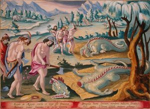 アムステルダムの Phillipus Gallaeus 発行の Jan Collaert (1566-1628) によって彫刻された「Venationes Ferarum、Avium、Piscium」(狩猟について: 野獣、鳥、魚) のプレート 46 の断頭ワニ (手描きの彫刻) 作： Jan van der (1523 1605) (after) Straet