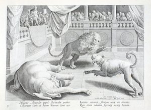 アレキサンダー大王がライオン、犬、象の戦いを見世物にしている。「Venationes, Ferarum, Avium, Piscium」（狩猟について：野獣、鳥、魚）の挿絵で、ヤン・コラート（1566-1628）が彫ったもので、フィリップス・ガラエウスがアムステルダムで出版した（彫刻）。 作： Jan van der Straet