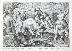 象はハンターの槍で打たれると大きな音を立てます.「Venationes、Ferarum、Avium、Piscium」(狩猟について: 野獣、鳥、魚) のイラスト、ヤン・コラート (1566-1628) によって刻まれました。 Phillipus Gallaeus、アムステルダム (彫刻) 作： Jan van der (1523 1605) Straet