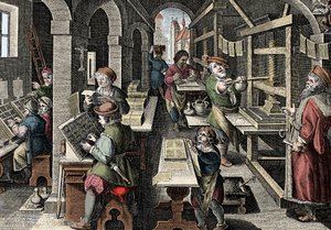 印刷所（c1600年） - オランダ、印刷：左には文字が使用され、印刷師が監督する印刷の準備のさまざまな段階 - ジョバンニ・ストラダーノ（ヤン・ファン・デル・ストラート）の「Nova Reperta」からのエングレーヴィング（Johanne