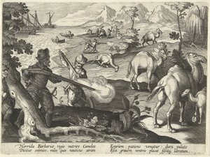 Jan Collaert (1566-1628) によって刻まれた「Venationes、Ferarum、Avium、Piscium」(狩猟について: 野獣、鳥、魚) のイラスト、パブ. Phillipus Gallaeus、アムスター 作： Jan van der (1523 1605) Straet