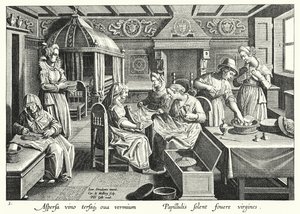 蚕の卵を扱う様子（エングレービング 作： Jan van der Straet