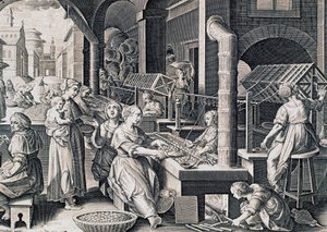 Vermis sericus, 絹を紡ぎ、火で蚕を加熱する女性たち, ストラダヌス（1523-1605）による彫刻, イタリア 作： Jan van der Straet