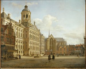 オランダ・アムステルダムのダム通りと新市庁舎 ... 作： ヤン・ファン・デル（風）・ヘイデン
