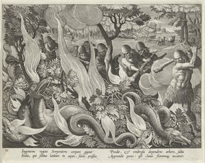 クラブとトーチを使用して下草を照らすインドでの蛇の捕獲、Venationes Ferarum、Avium、Piscium（狩猟：野生の獣、鳥、魚）パブのプレート44。 1640