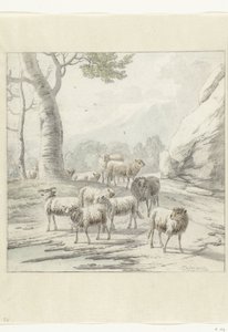 木の近くに羊の群れのある風景 作： Jan van der Meer (II)