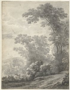 川の近くの木のある山の風景 作： Jan van der Meer (II)