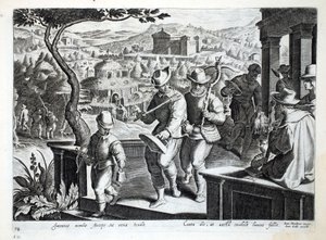 Jan Collaert（1566-1628）によって刻まれた &39;Venationes、Ferarum、Avium、Piscium&39;（Of Hunting：Wild Beasts、Birds、Fish）からのイラストで、ブラックバードを捕まえるために出かけるバードキャッチャー、パブ。フィリップス・ガル 作： Jan van der Straet