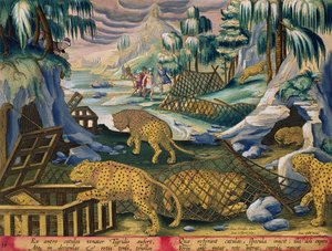 ヤンコラート（1566-1628）が刻印した、「ミラーで餌を付けたネットとケージでヒョウを捕まえる」、プレート15、「Venationes Ferarum、Avium、Piscium」（狩猟：野獣、鳥、魚）の彫刻p 作： Jan van der Straet