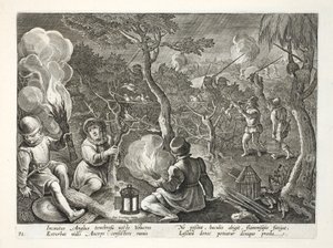 Jan Collaert（1566-1628）によって刻まれた &39;Venationes、Ferarum、Avium、Piscium&39;（Of Hunting：Wild Beasts、Birds、Fish）からのイラスト、夜に鳥を捕る野鳥たち、パブ。フィリップス・ガレウス、アムステ 作： Jan van der Straet