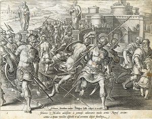 ローマに囲まれたジョヴァンニデメディチ、フィリップゴール（1537-1612）によって刻まれた「メディチの歴史」のプレート1、1583年頃 作： Jan van der Straet
