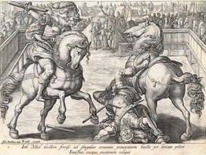 ジョヴァンニ・デ・メディチは、デュエルで対戦相手を殺します。フィリップゴール（1537-1612）、c.1583によって彫刻された「メディチの歴史」からのプレート5 作： Jan van der Straet