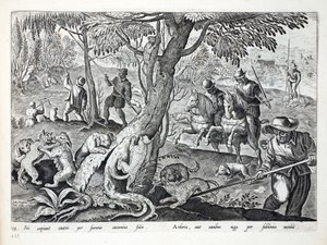 Jan Collaert（1566-1628）によって刻まれた &39;Venationes、Ferarum、Avium、Piscium&39;（Of Hunting：Wild Beasts、Birds、Fish）からのイラスト、犬と一緒に猫を狩猟、パブ。 Phillipus Gallaeus、アムステルダム（eng 作： Jan van der Straet