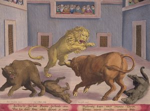 貴族は、屋内サーカスで野生の獣の戦闘を見る、「Venationes Ferarum、Avium、Piscium」からのプレート12（狩猟：野生の獣、鳥、魚）は、Jan Collaert（1566-1628）によって出版され、Phによって出版されました。 作： Jan van der Straet