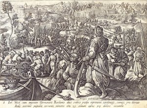 ヘンドリック・ゴルツィウス（1558-1617）によって彫刻された「ジョヴァンニ・ド・メディチの戦いにおける死」、「メディチの歴史」からのプレート8、c.1583 作： Jan van der Straet