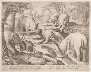 トラップから抱き合う象、野生動物、鳥、魚の狩猟シリーズのプレート 1 作： Jan van der Straet, called Stradanus