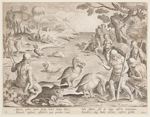 ペリカンの助けを借りて魚を捕まえるインディアン、Game of Game、Birds、Fish シリーズのプレート 23 作： Jan van der Straet, called Stradanus