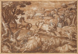 ワシと雄牛を狩る男性 作： Jan van der Straet, called Stradanus