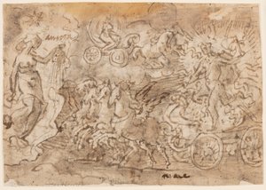 スケッチブックのページ。 アポロとオーロラ 作： Jan van der Straet, called Stradanus