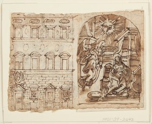 スケッチブックのページ。 宮殿の昇格、受胎告知、最後の晩餐 作： Jan van der Straet, called Stradanus