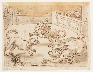 Recto: アレキサンダー大王は、犬と象とライオンの間の戦いを見ています。 Verso: Verso: Pliny the Elder
