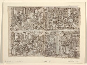 Recto: 「Vermis Sericus」（製糸）版画シリーズの 4 つの予備デザイン。 左上: ワインディング シルク。 左下：桑の葉の準備。 右上：棚に葉を並べる。 右下：蚕に桑の葉を与えています。 ヴェ 作： Jan van der Straet, called Stradanus