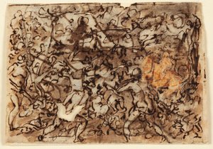 Recto: メキシコの「インディアン」は松明を使って動物の煙を吐いて狩りをします。 ヴァーソ: 馬に乗ったセント・ジェームス、クラビホでサラセン人を破る 作： Jan van der Straet, called Stradanus