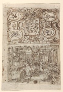 Recto、上: Vermis Sericus (「カイコの紹介」) 版画シリーズのタイトル ページの予備デザイン。 直訳、下: pl の予備設計。 3 (カイコの卵の孵化); Verso, 上: タイトルページの不完全な予備デザイン 作： Jan van der Straet, called Stradanus