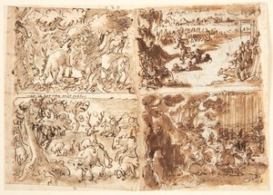Recto、左上: オオヤマネコに襲われるシカ。 右上: ポルセナの野営地を脱出するクロエリアとその仲間たち。 右下：女性狩り。 左下: 鹿狩り、鹿が香りを隠している。 Verso: 建築設定の女性の 2 つの胸像、予備的なデザイン 作： Jan van der Straet, called Stradanus