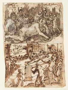 サイクロプスの目がくらんでいるスケッチブックのページ 作： Jan van der Straet, called Stradanus
