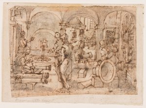 火薬の発明、「Pulvis Pyrius」のデザイン、pl。 Nova Reperta (現代の新しい発明) 版画シリーズの 3 作： Jan van der Straet, called Stradanus