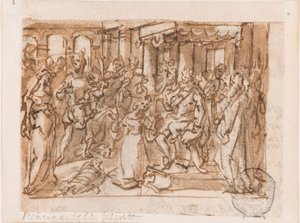 ソロモンの審判、「Spiritus Sapientiae」（知恵の霊）の予備デザイン、版画シリーズ「聖霊の七つの賜物」のプレート 1 作： Jan van der Straet, called Stradanus