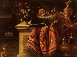 静物画（花瓶、鉢の中の果物、銀食器、皿、クッションなど 作： Jan van the Elder (follower of) Kessel